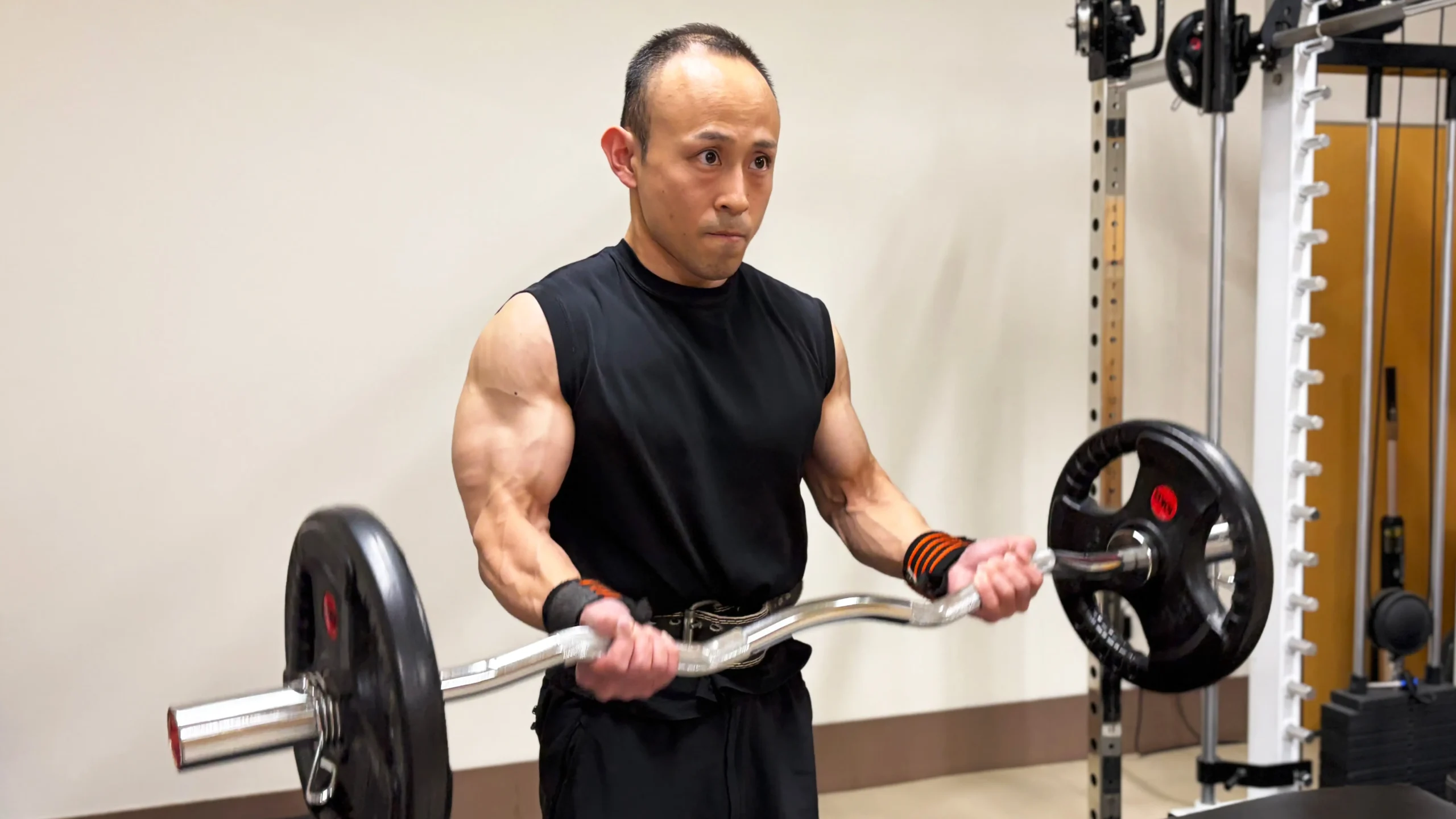 スミスマシーンを使って超強度の筋トレをしている男性トレーニー